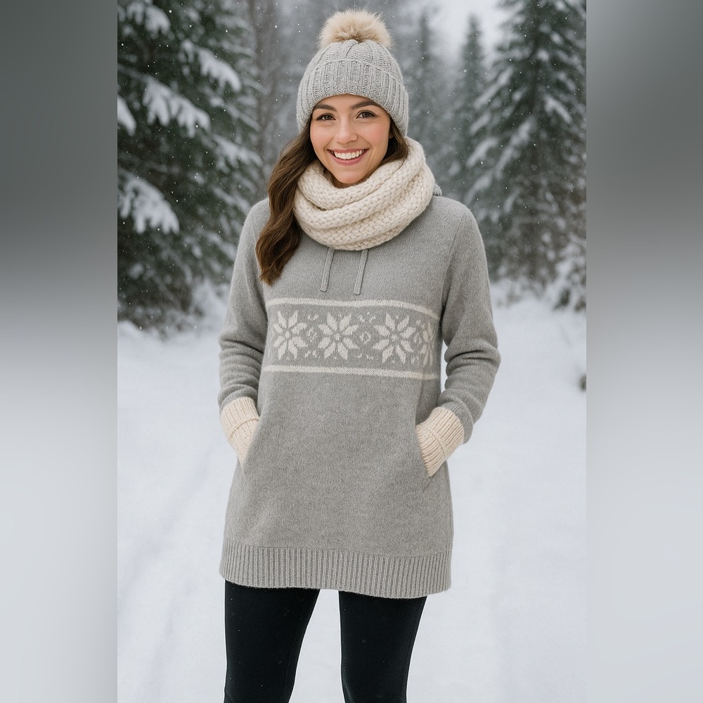Derek Heart Gray and Cream Sweater Dress with Hoodie